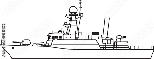 Light Frigate Warship Naval Vessel Military Ship Line Art Vector Illustration Side View