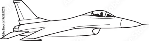 Light fighter jet vector line art side view compact military aircraft illustration isolated