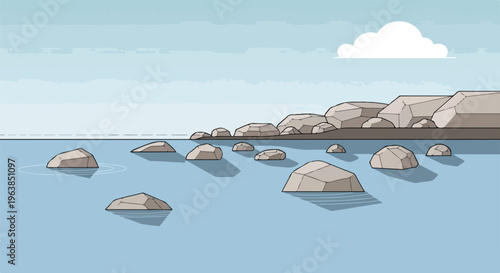 Pixelated illustration of a sea scene with rocks, water, and sky