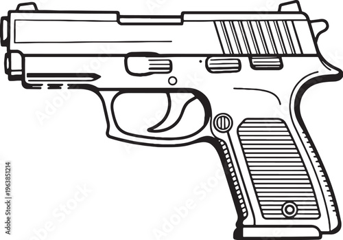 Compact military pistol black and white vector line art side view firearm clean outline isolated on white