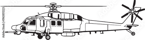 Combat Support Helicopter Military Utility Rotorcraft Side View Clean Vector Line Art Illustration