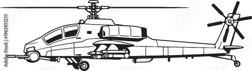 Cannon Equipped Helicopter Military Gunship Forward Gun Turret Side View Vector Line Art Illustration