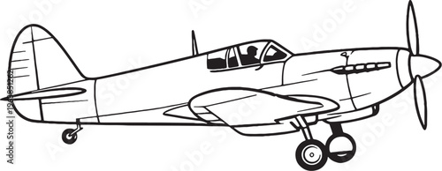 Classic fighter aircraft vector line art side view vintage military airplane illustration isolated