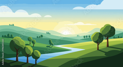 Pixelated illustration of a sunny landscape with rolling hills