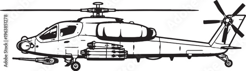Armed Helicopter Military Weaponized Rotorcraft Side View Clean Vector Line Art Illustration