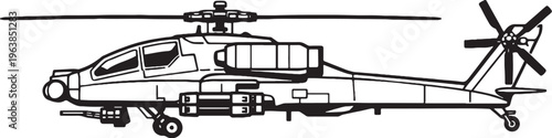 Tableau sur toile Attack Helicopter Military Gunship Side View Clean Vector Line Art Illustration