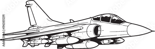 Attack Jet Aircraft Line Art Vector Illustration Side View Isolated