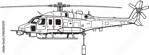 Anti Submarine Helicopter Line Art Vector Illustration Naval Warfare Aircraft Side View