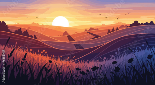 Canvas Print Pixelated illustration of a sunset over rolling hills and fields with birds