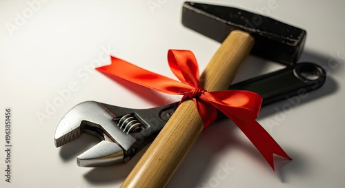 Labor day tools tied with red ribbon celebrating workers and labor day