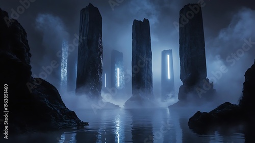 Mysterious pillars in a misty dark environment with glowing light