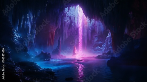 Mystical cave interior with glowing waterfall and atmospheric lighting
