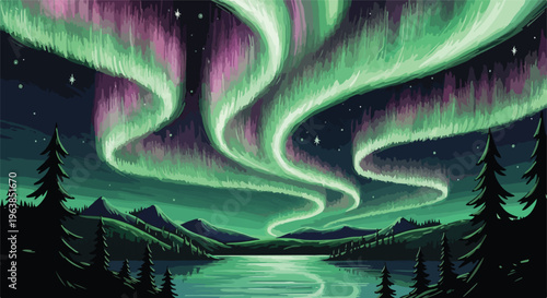 Pixelated illustration of aurora borealis above a serene lake and mountains