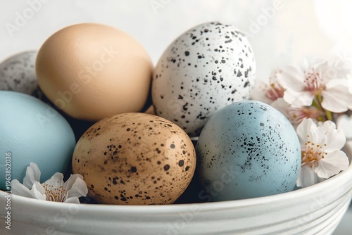 Decorative Pastel Eggs Arranged with White Flowers in a Bowl for Spring Celebrations