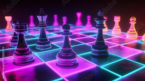 Neon chessboard with glass pieces strategic game concept digital art