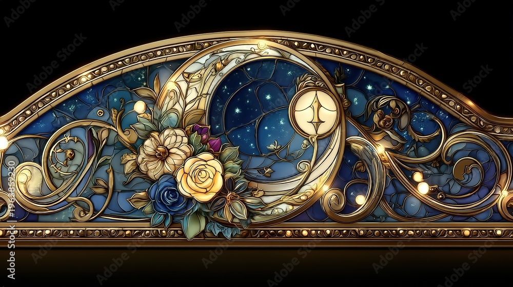 Obraz premium Floral Art Yellow Blue Flowers Leaves Vines Galaxy Background Mandala Patterns Gold Foil Accents