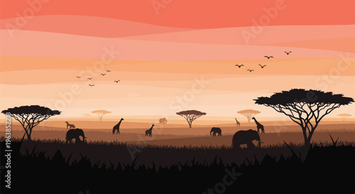 Silhouette landscape of African savanna with diverse wildlife and warm colors