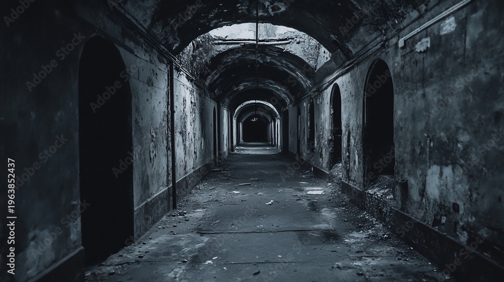 Fototapeta premium Eerie Arched Tunnel Dark Decaying and Mysterious Perspective.