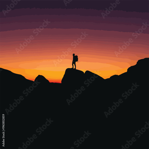 Silhouette of a hiker overlooking a colorful sunset over mountains