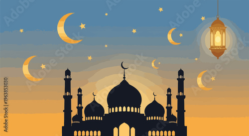 Silhouette of a mosque with crescents, stars, and lantern