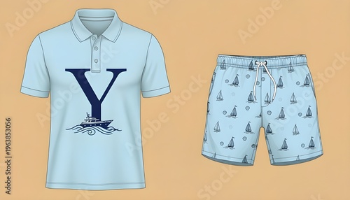 Letter Y Yacht Polo Shirt & Shorts Set – Nautical Alphabet Outfit with Sailboat Design, Summer Apparel Mockup