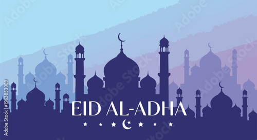 Silhouette of a mosque with minarets in shades of blue and purple