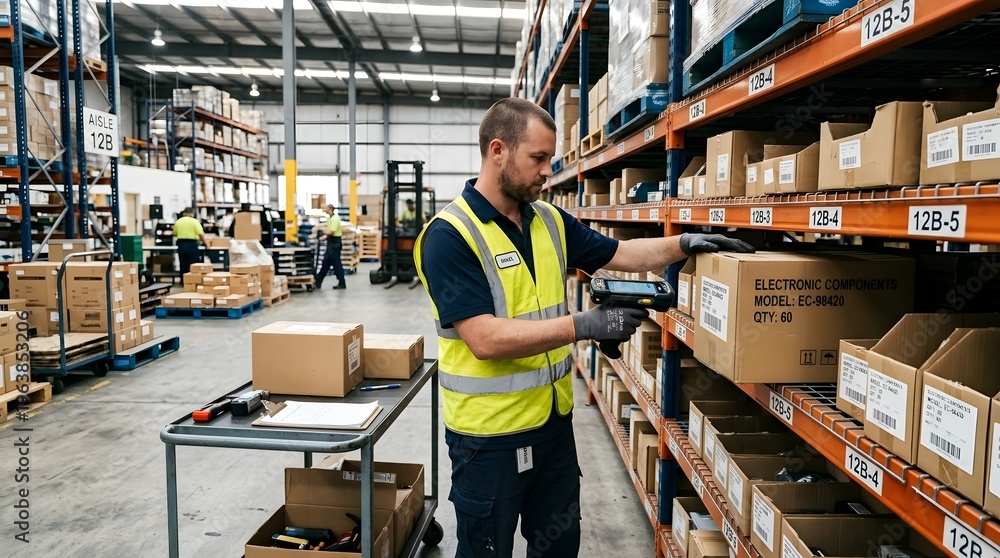 Naklejka premium Male warehouse worker scanning barcode on cardboard box of electronic components in storage facility