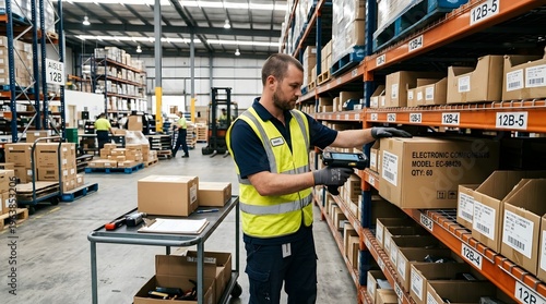 Male warehouse worker scanning barcode on cardboard box of electronic components in storage facility