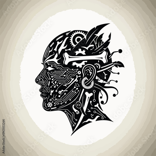 Silhouette of a profile circuit board, bones, feathers and gears combined