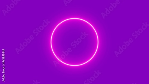 A vibrant pink neon circle glows brightly against a solid purple background