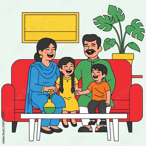 Happy Indian family with two children laughing on red couch in living room, parents and kids enjoying