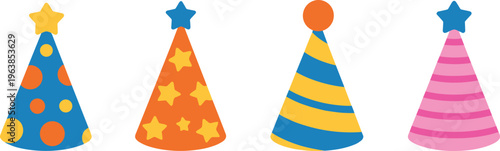 Four Colorful Party Hats With Different Patterns And Toppers On White Background birthday celebration