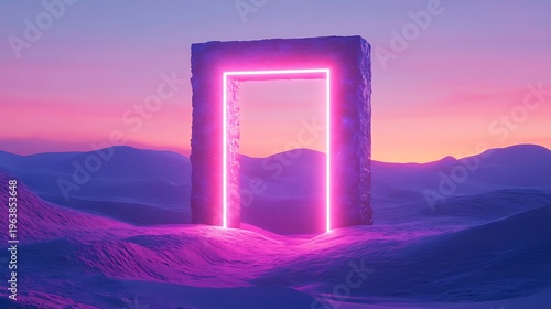 Neon illuminated portal on surreal landscape concept for design elements
