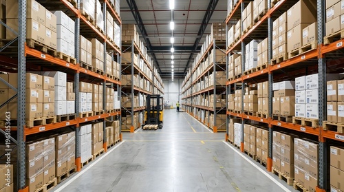 Modern logistics distribution center with high storage racks, cardboard boxes, and a forklift
