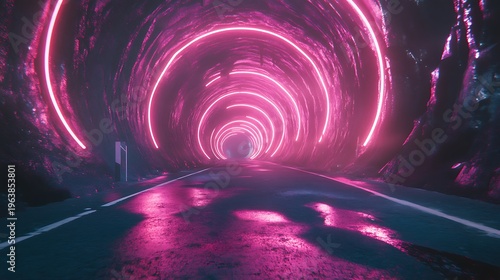 Neon illuminated tunnel with a road leading towards an ethereal glowing portal