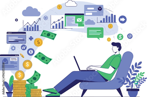Digital entrepreneur earning passive income online, man working on laptop with money and data icons, financial success and remote work concept vector