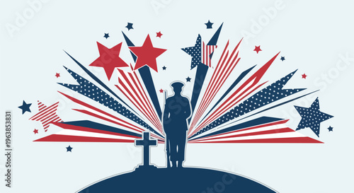 Silhouette of a soldier standing with a cross, stars, and burst of red/blue