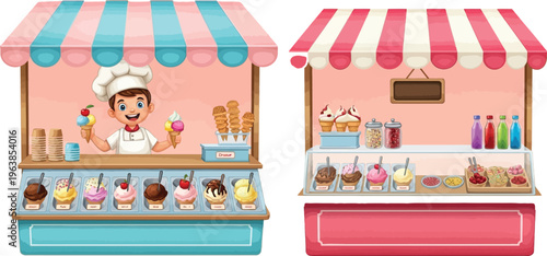 Ice cream shop vector illustration set, cute cartoon gelato stall with vendor character, pink and blue dessert kiosk with striped awning