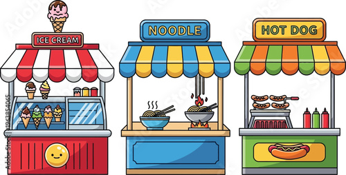 Cartoon street food stall vector set, colorful ice cream shop and noodle stand illustrations, hot dog kiosk with striped awnings