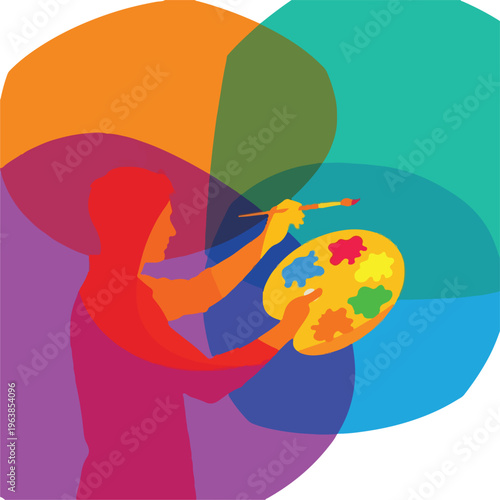 Silhouette of an artist with a palette and brush, overlaid with colorful shapes