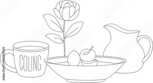 Still life with tea cup bowl and pitcher
