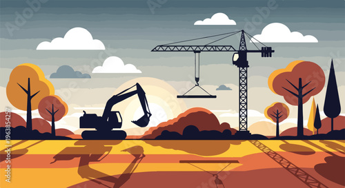 Silhouette of construction scene with crane, excavator, and trees
