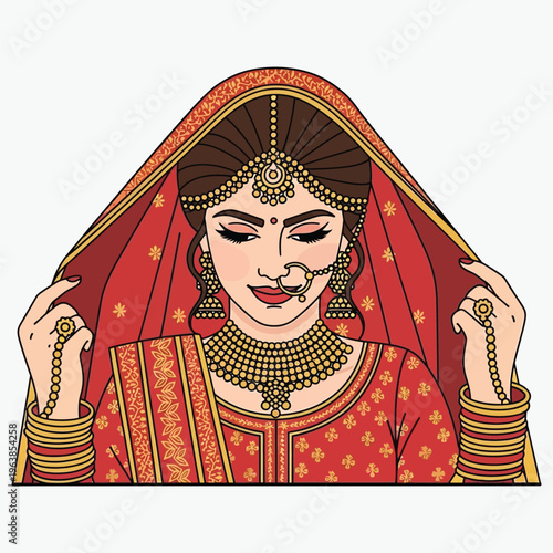Beautiful Indian bride in traditional red wedding dress with intricate gold jewelry, elegant woman