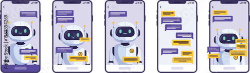AI chatbot assistant interface on smartphone screens, set of 5 vector mobile app mockups, artificial intelligence chat bot with speech bubbles