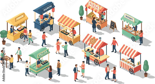 Isometric street food festival vector set, outdoor market stalls with pizza and ramen kiosks, people walking and eating at food court fair