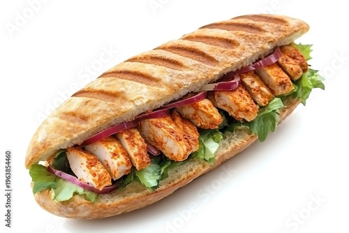 Grilled chicken baguette sandwich with fresh lettuce and red onion on white background