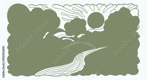 Olive green silhouette of trees and winding stream at sunset