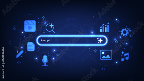 Symbolizing artificial intelligence technology concepts. Glowing generative bar with icon on futuristic background. Input prompt as commands for search and generate by AI. Vector illustration.