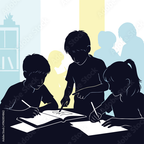 Silhouetted children at desks, some writing, some with raised hands in class