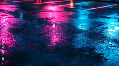 Neon lights reflecting on wet pavement abstract art modern background